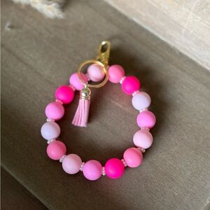 Pink Beaded Wristlet Keychain with Tassel